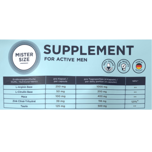 MISTER SIZE supplement for active Men - Nährstoffe. Enthält pro Kapsel: L-Arginin Base 250 mg, L-Citrullin Base 50 mg, Maca 100 mg, Zink 12 mg, Taurin 125mg